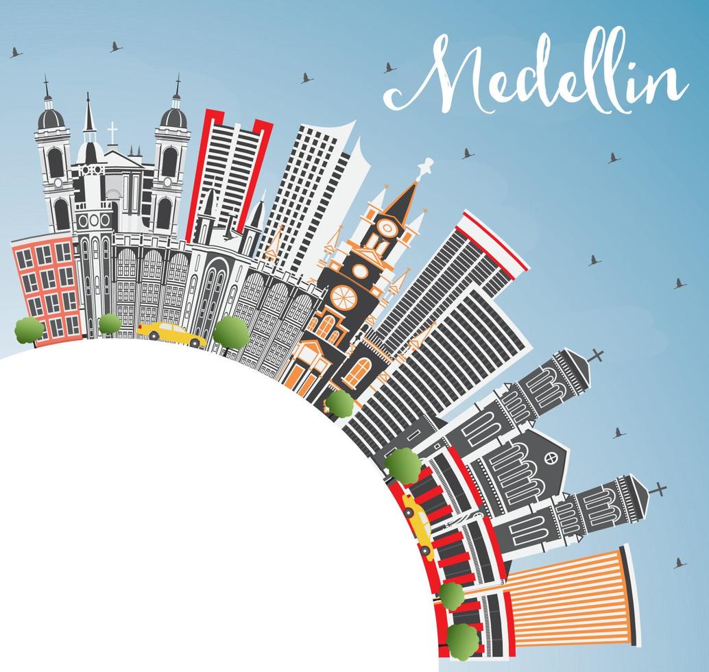 Medellin Colombia City Skyline with Gray Buildings, Blue Sky and Copy Space. vector