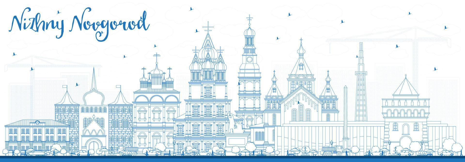 Outline Nizhny Novgorod Russia City Skyline with Blue Buildings. vector