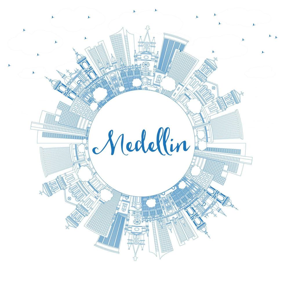 Outline Medellin Colombia City Skyline with Blue Buildings and Copy Space. vector