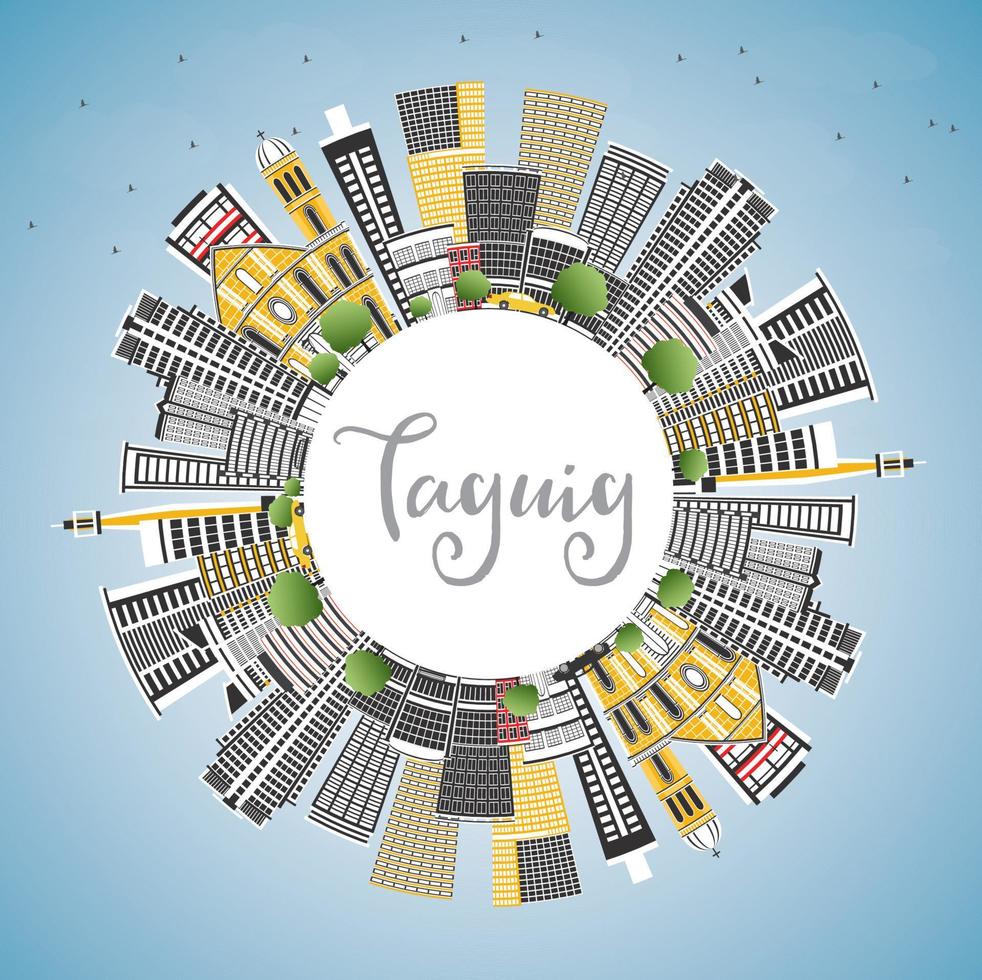 Taguig Philippines City Skyline with Color Buildings, Blue Sky and Copy Space. vector