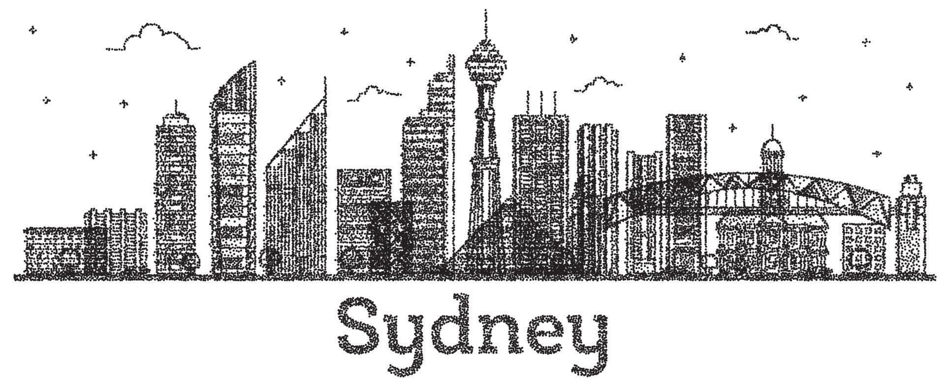 horizonte de la ciudad de sydney australia grabado con edificios modernos aislados en blanco. vector