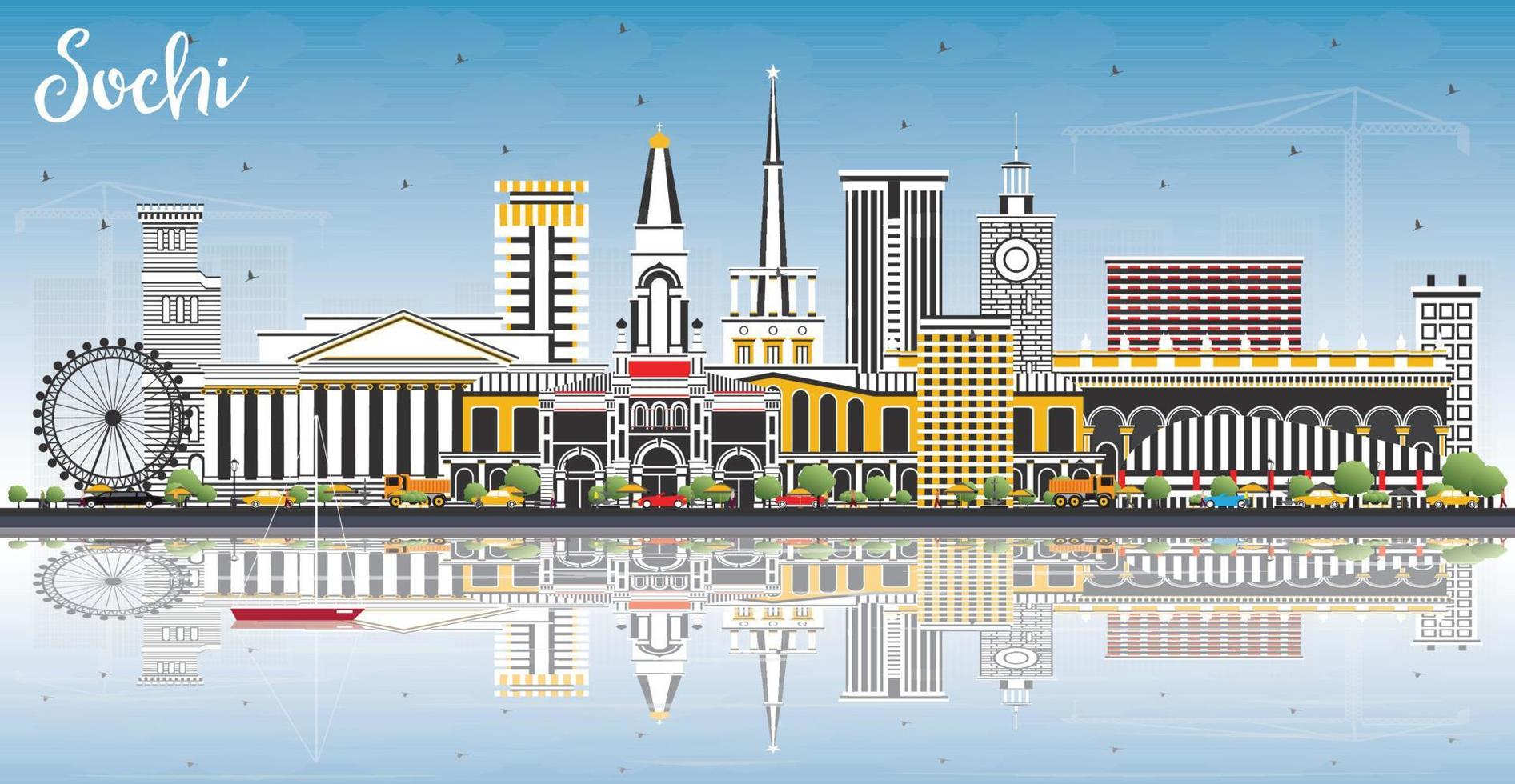 Sochi Russia City Skyline with Color Buildings, Blue Sky and Reflections. vector