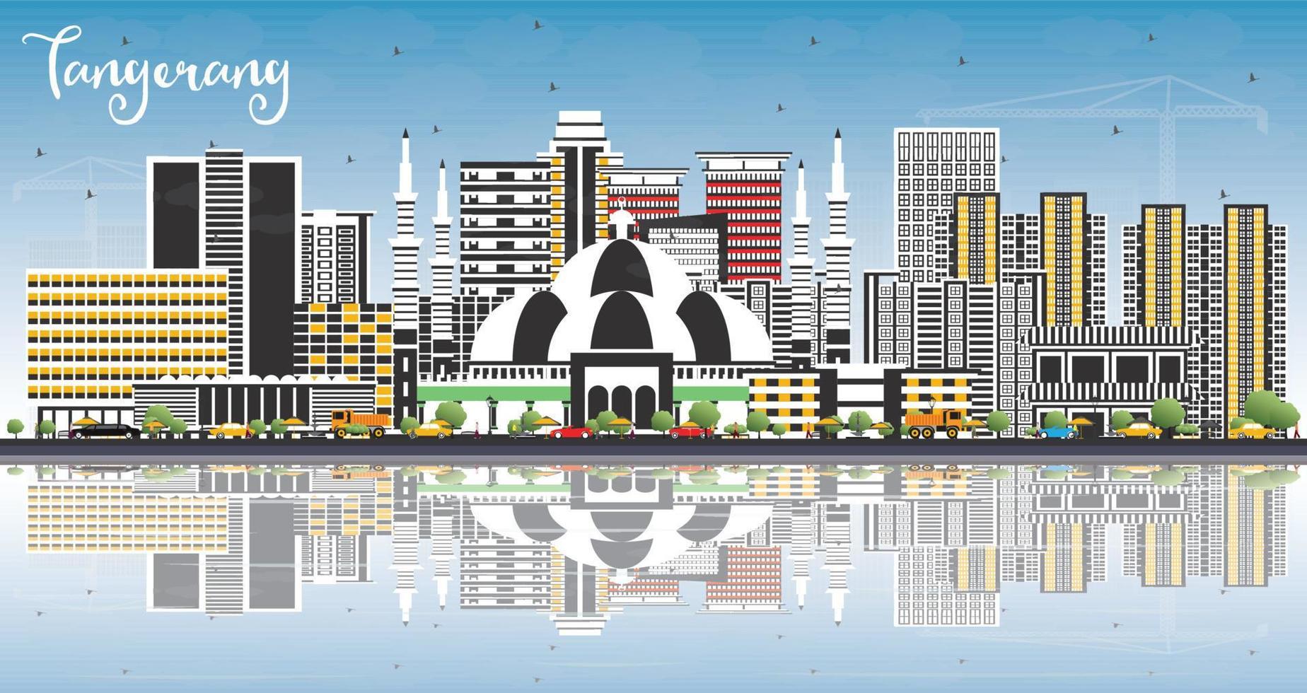 Tangerang Indonesia City Skyline with Gray Buildings, Blue Sky and Reflections. vector