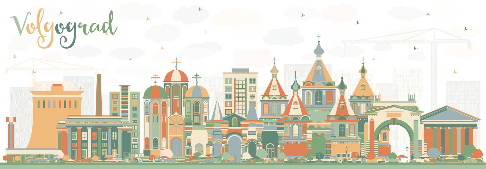 Volgograd Russia City Skyline with Color Buildings. vector