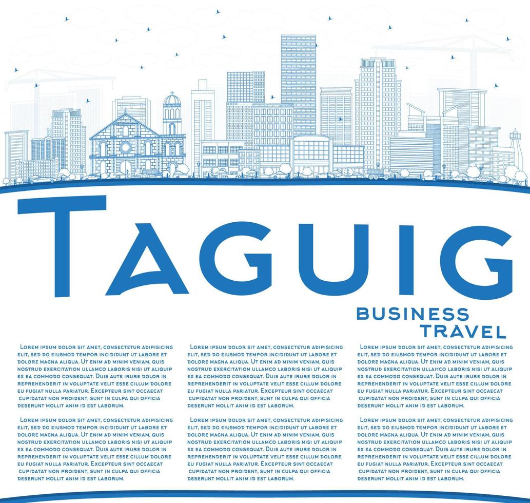 Outline Taguig Philippines City Skyline with Blue Buildings and Copy Space. vector