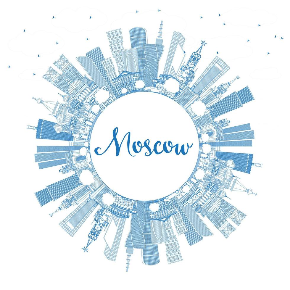 Outline Moscow Russia Skyline with Blue Buildings and Copy Space. vector