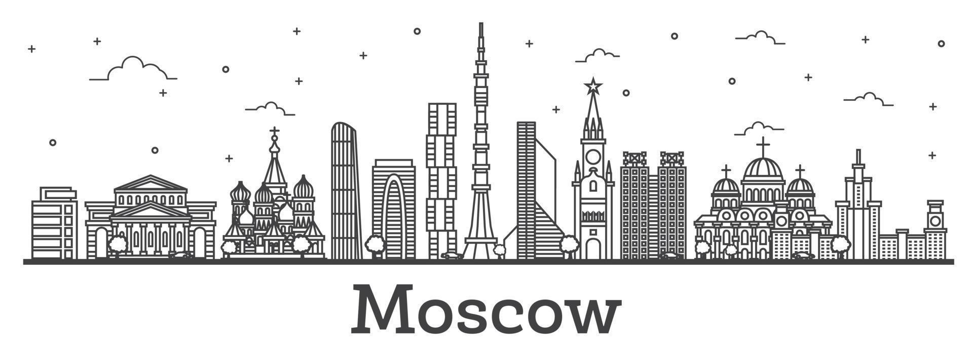 delinear el horizonte de la ciudad de moscú, rusia, con edificios modernos e históricos aislados en blanco. vector