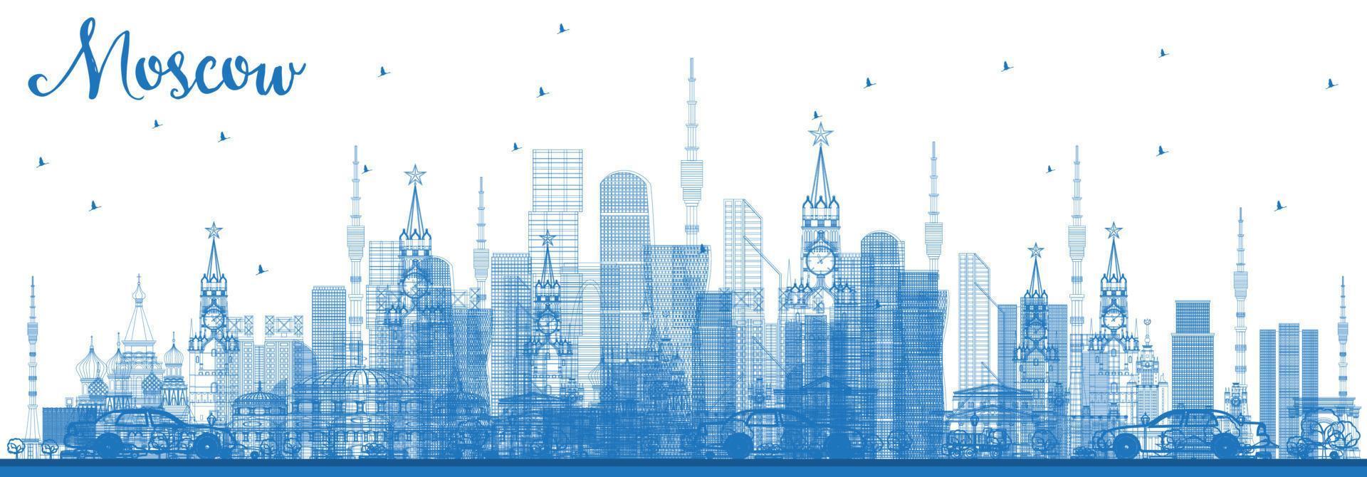 Outline Moscow Russia Skyline with Blue Buildings. vector