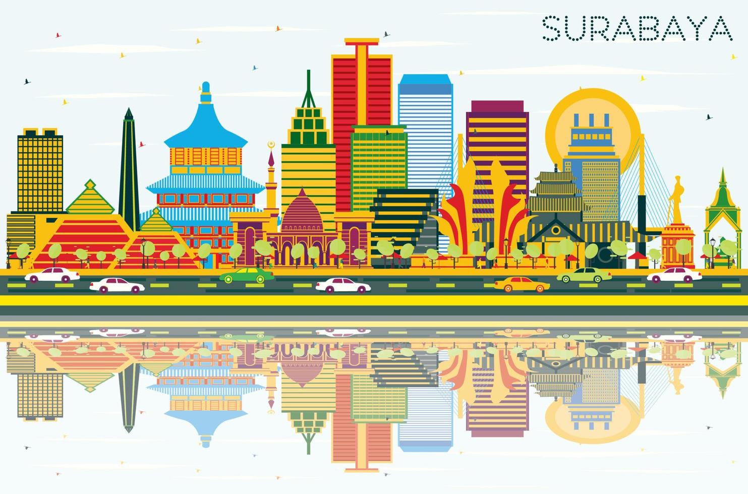 Surabaya Indonesia Skyline with Color Buildings, Blue Sky and Reflections. vector