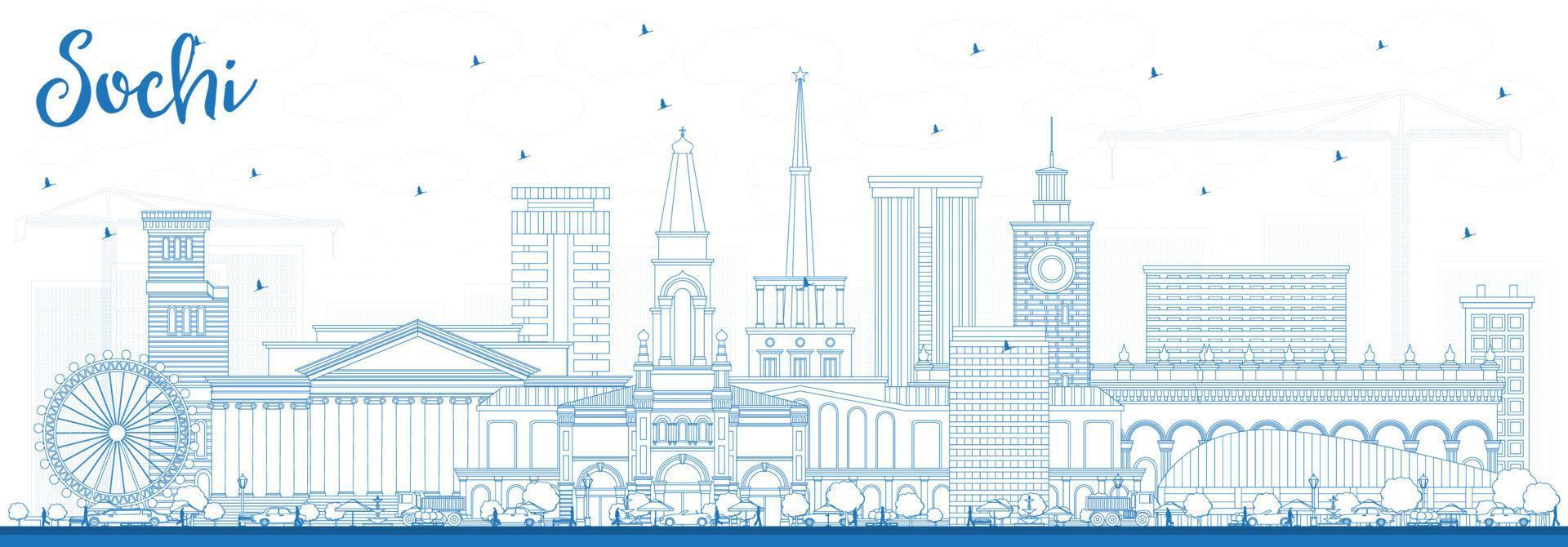 Outline Sochi Russia City Skyline with Blue Buildings. vector