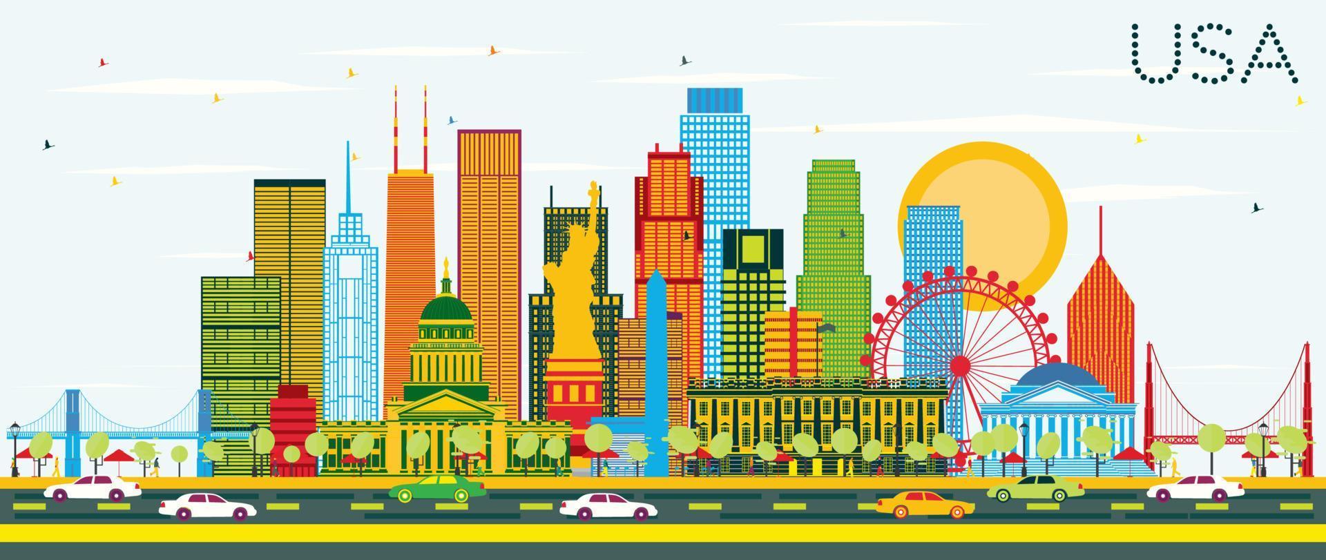 USA Skyline with Color Skyscrapers and Landmarks. vector