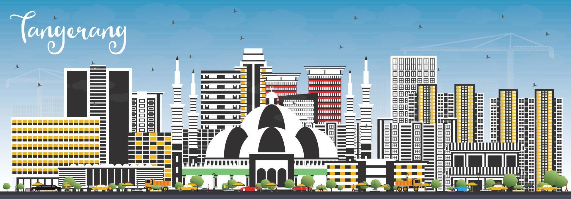 horizonte de la ciudad de tangerang indonesia con edificios grises y cielo azul. vector