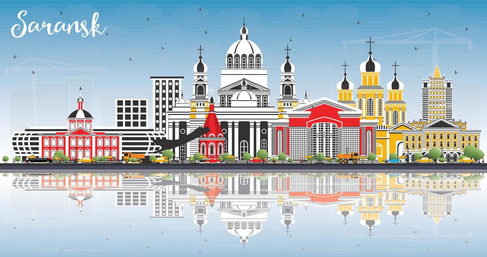 Saransk Russia City Skyline with Color Buildings, Blue Sky and Reflections. vector