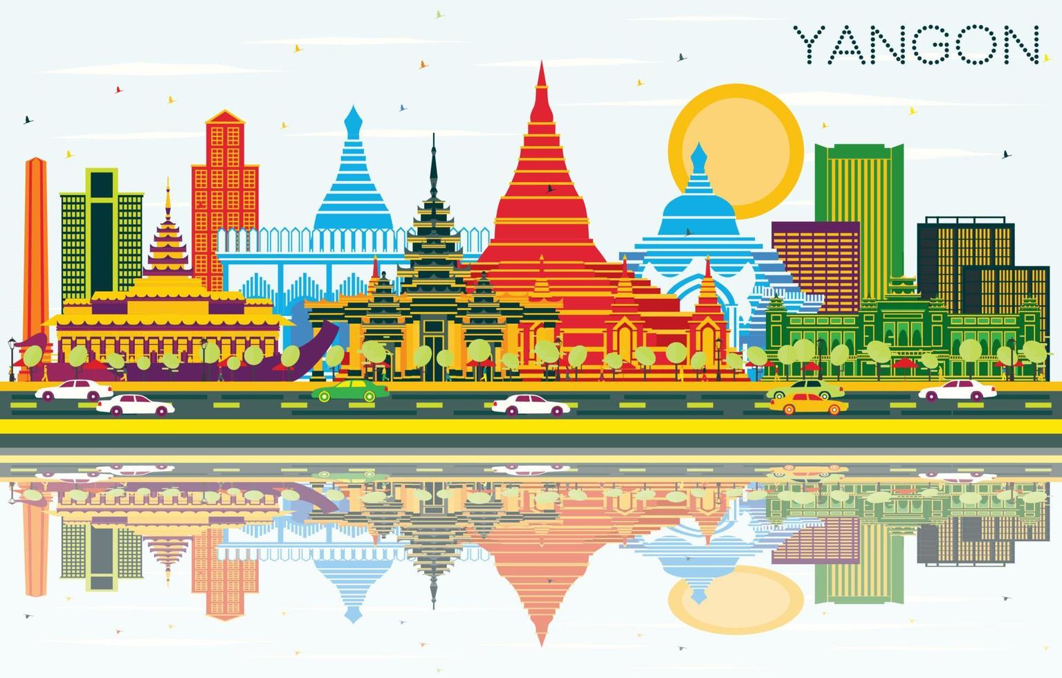 Yangon Myanmar City Skyline with Color Buildings, Blue Sky and Reflections. vector