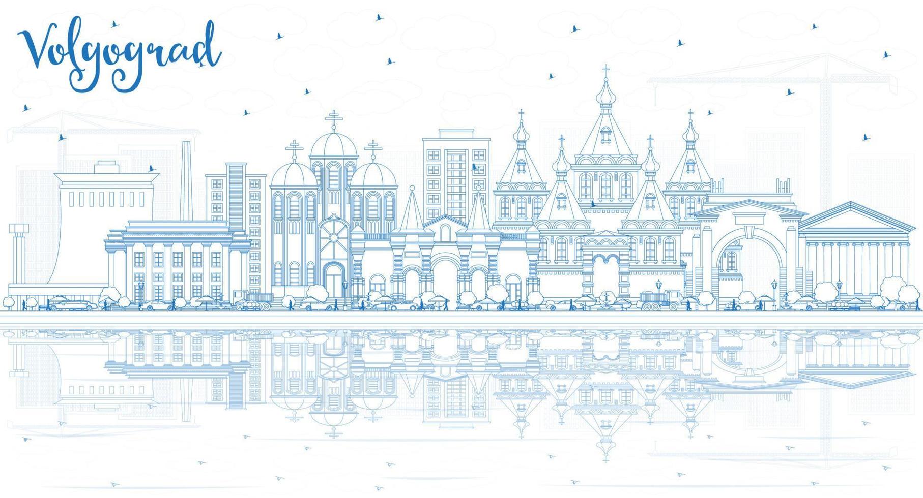 Outline Volgograd Russia City Skyline with Blue Buildings and Reflections. vector