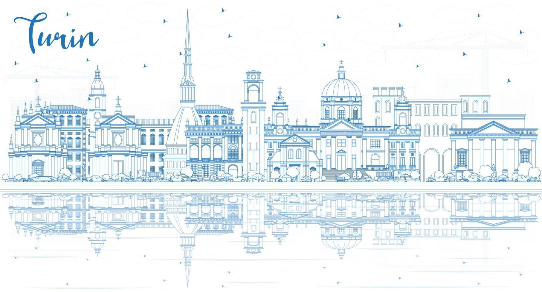 Outline Turin Italy City Skyline with Blue Buildings and Reflections. vector