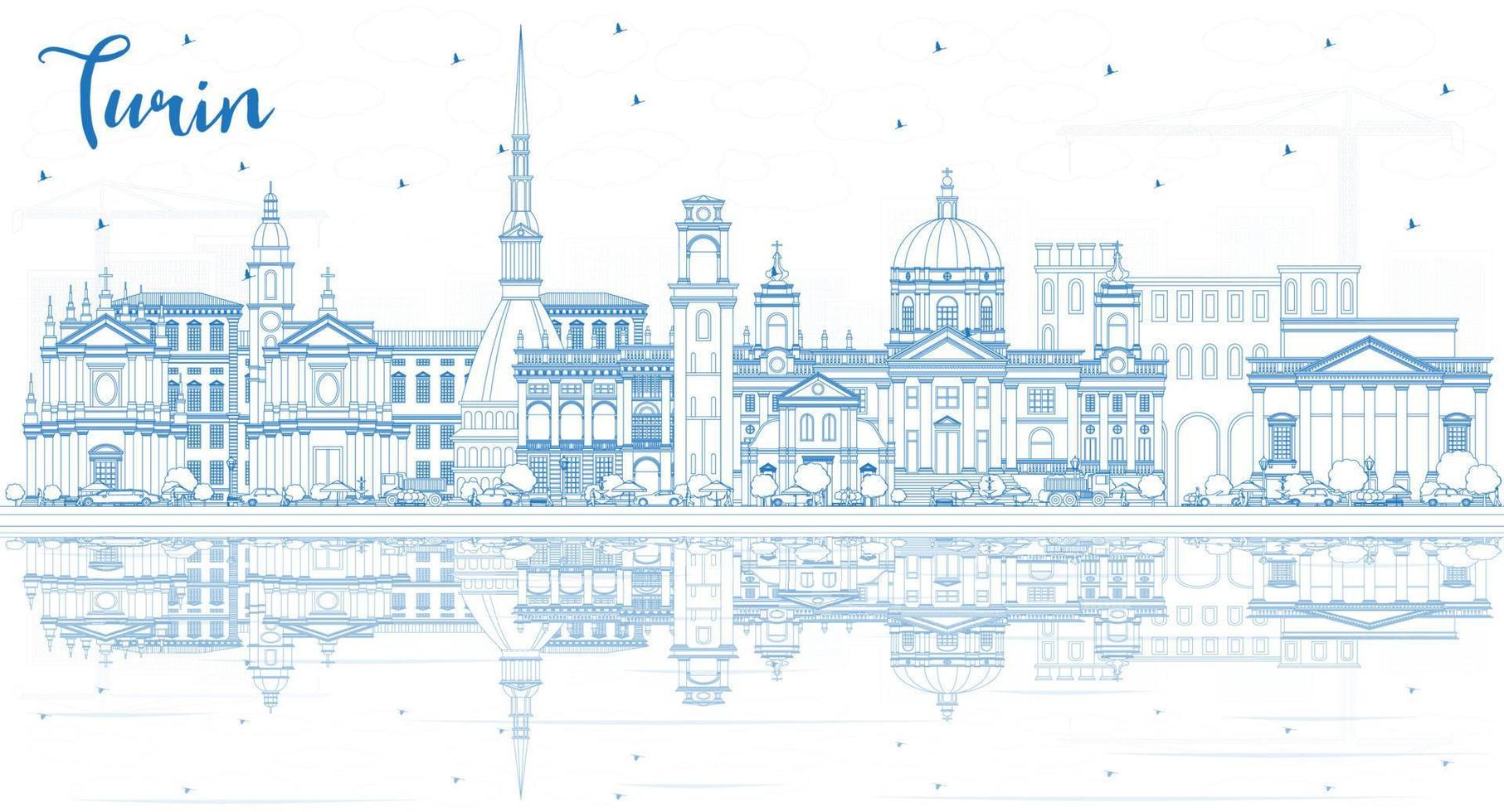 delinear el horizonte de la ciudad de turín, italia, con edificios azules y reflejos. vector