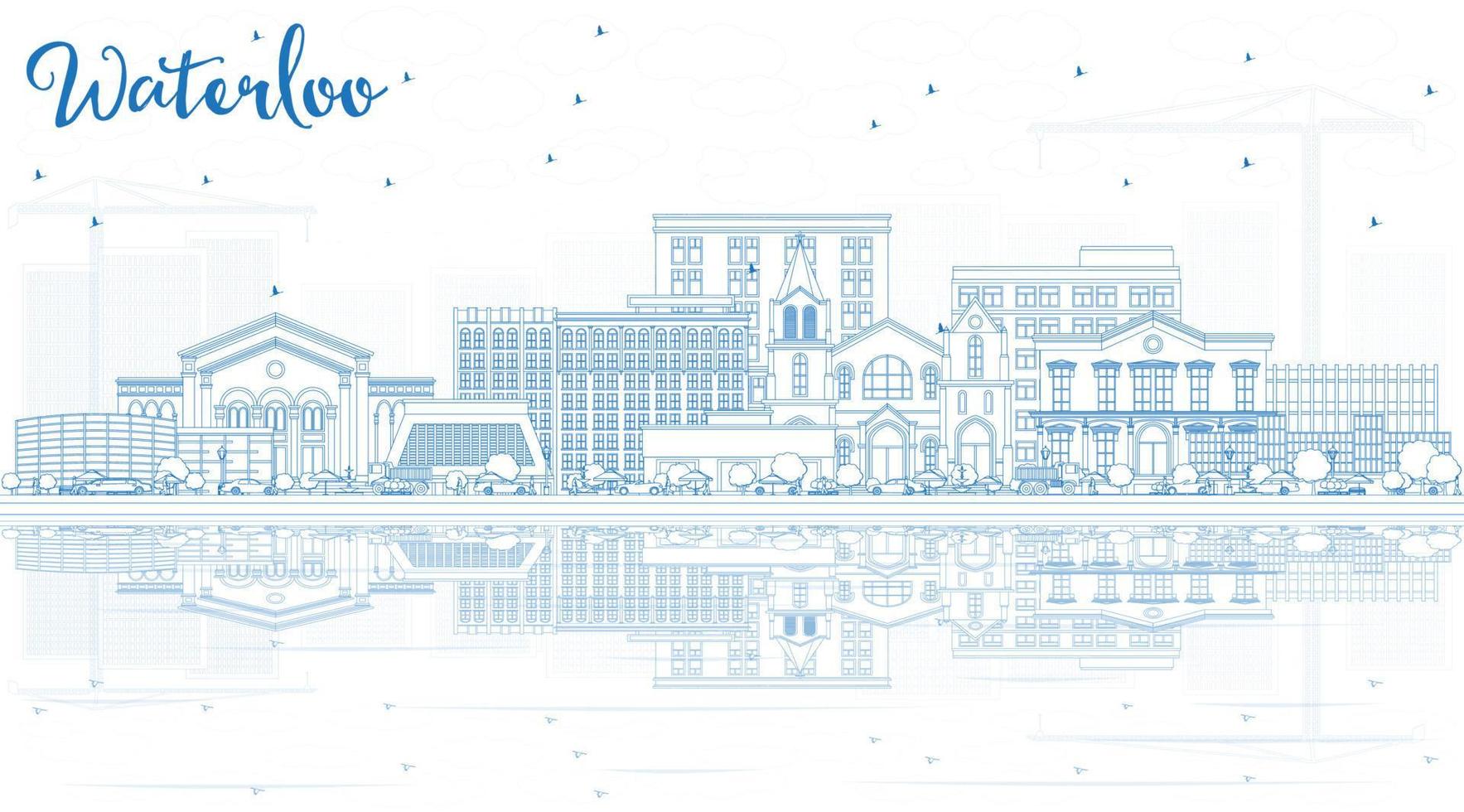 Outline Waterloo Iowa USA City Skyline with Blue Buildings and Reflections. vector
