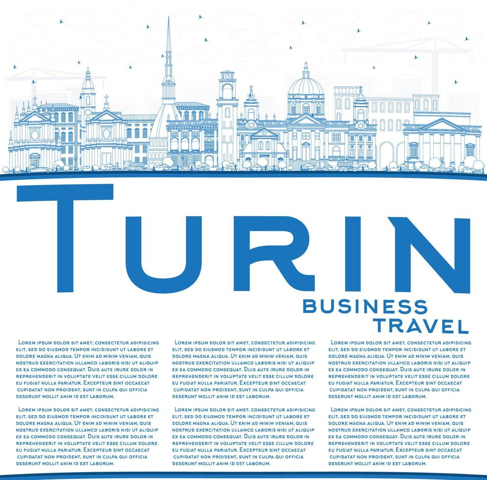 Outline Turin Italy City Skyline with Blue Buildings and Copy Space. vector