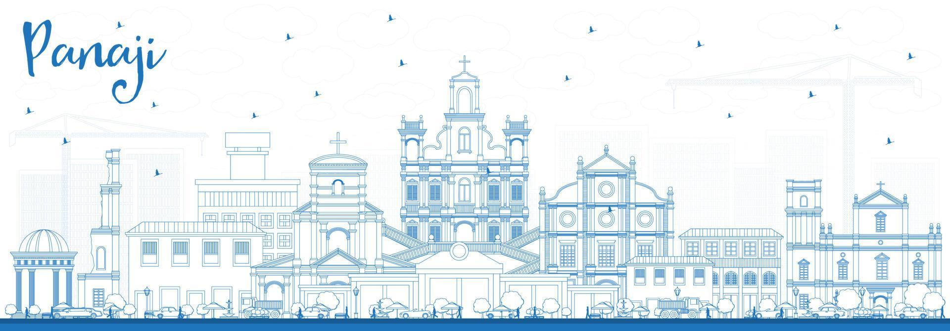 delinear el horizonte de la ciudad de panaji india con edificios azules. vector