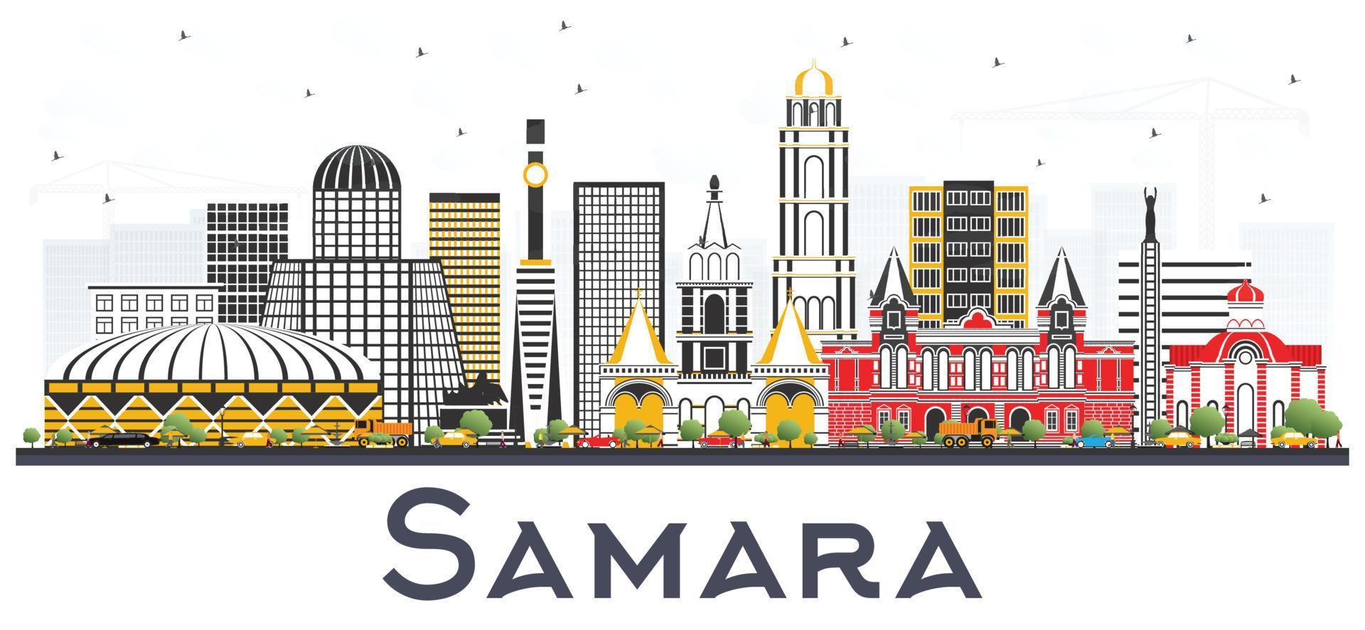 Samara Russia City Skyline with Color Buildings Isolated on White. vector