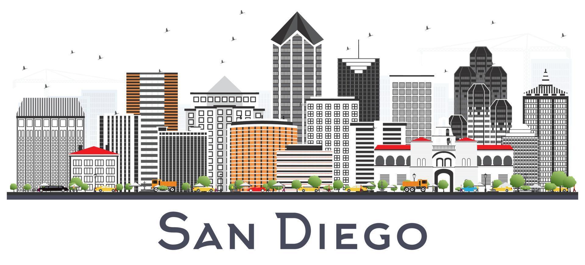 San Diego California City Skyline with Gray Buildings Isolated on White. vector