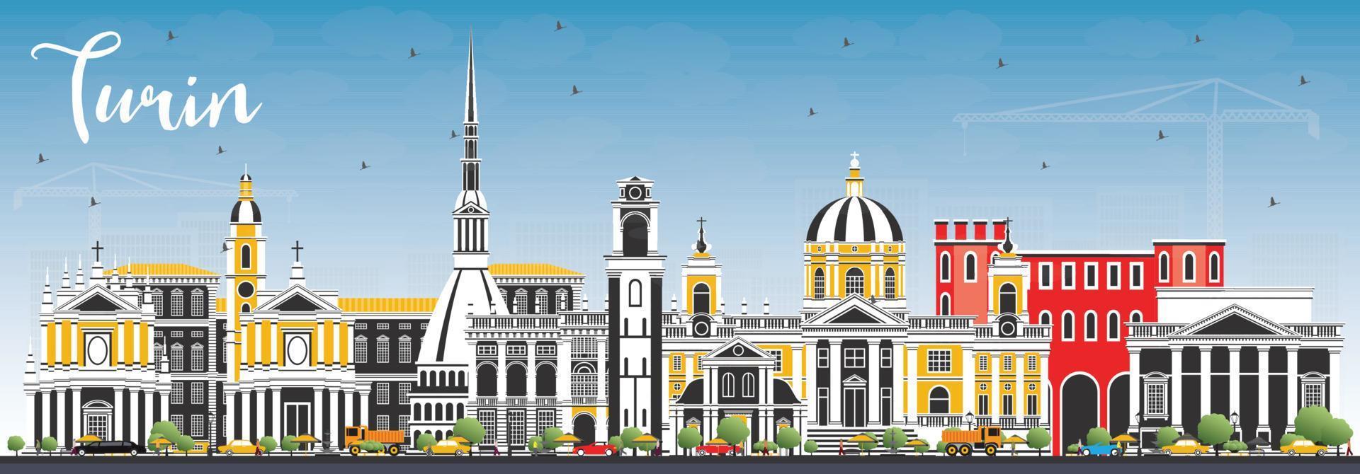 Turin Italy City Skyline with Color Buildings and Blue Sky. vector