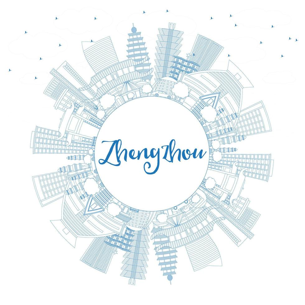 Outline Zhengzhou China City Skyline with Blue Buildings and Copy Space. vector