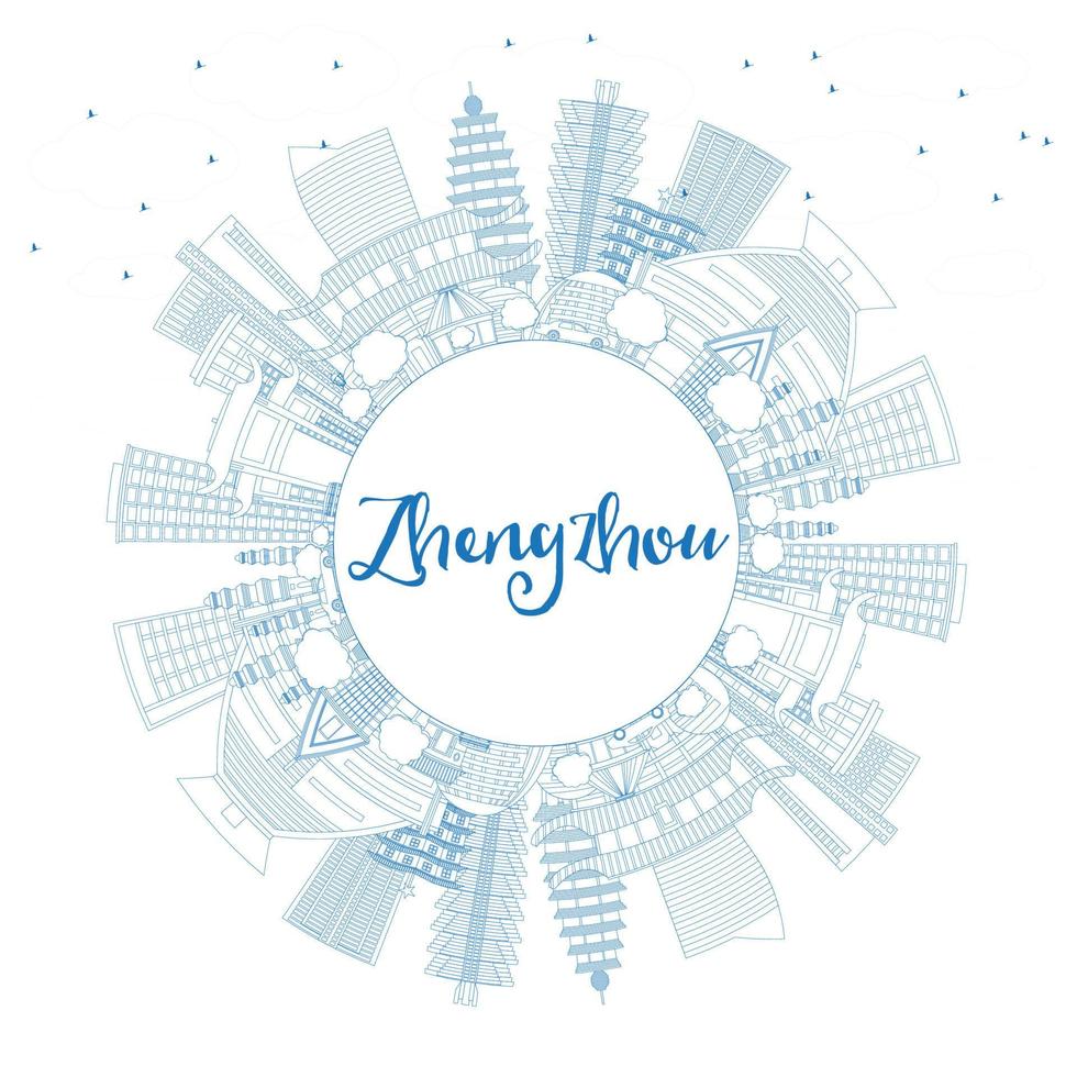 Outline Zhengzhou China City Skyline with Blue Buildings and Copy Space. vector