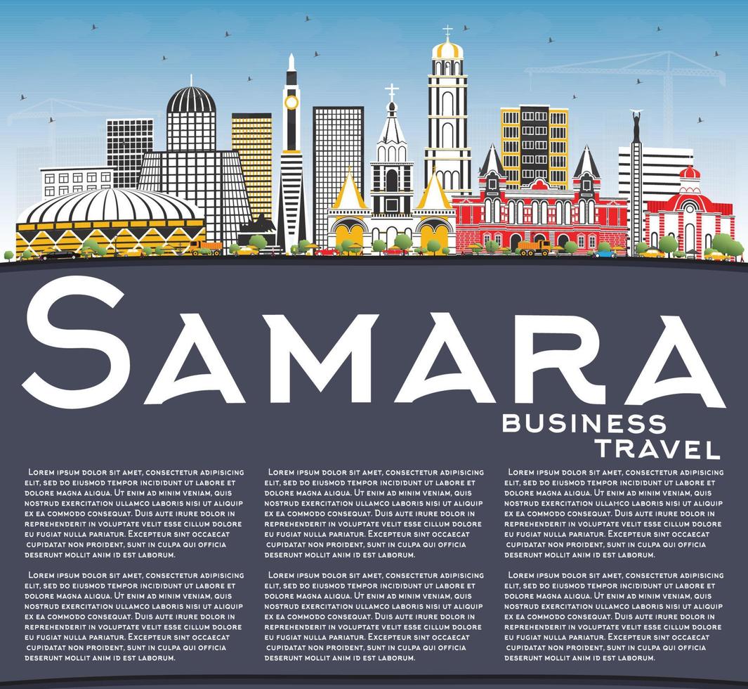 Samara Russia City Skyline with Color Buildings, Blue Sky and Copy Space. vector