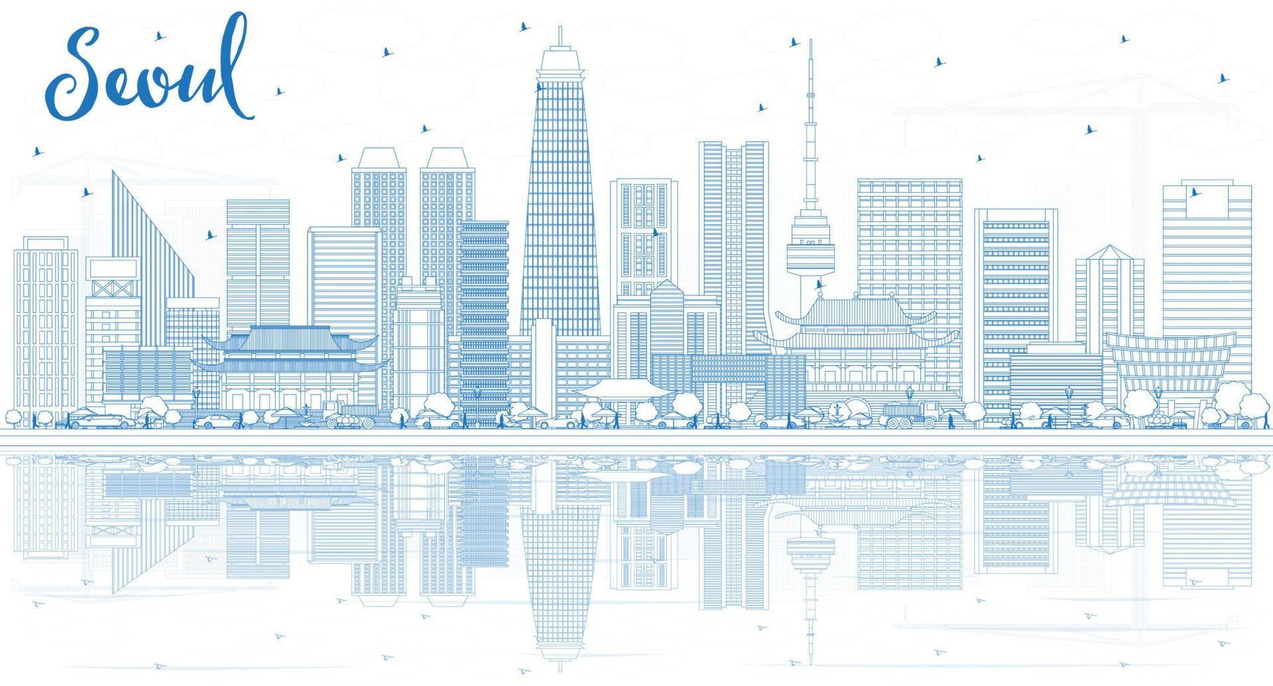 delinear el horizonte de seúl corea con edificios azules y reflejos. vector