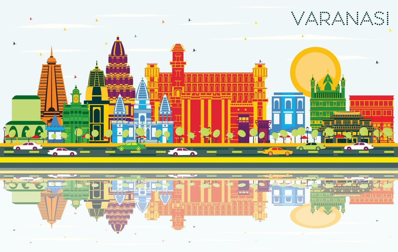 Varanasi India City Skyline with Color Buildings, Blue Sky and Reflections. vector