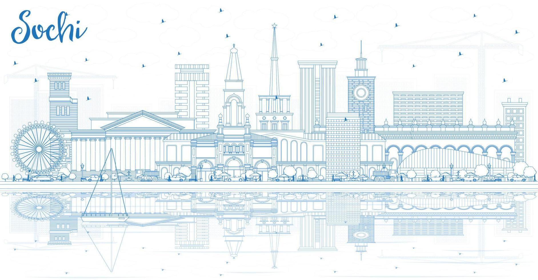 Outline Sochi Russia City Skyline with Blue Buildings and Reflections. vector