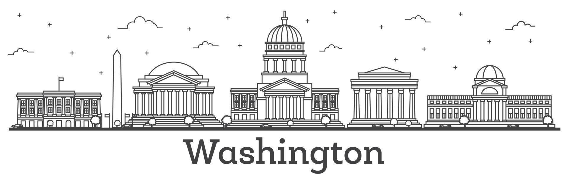 Outline Washington DC USA City Skyline with Modern Buildings Isolated on White. vector