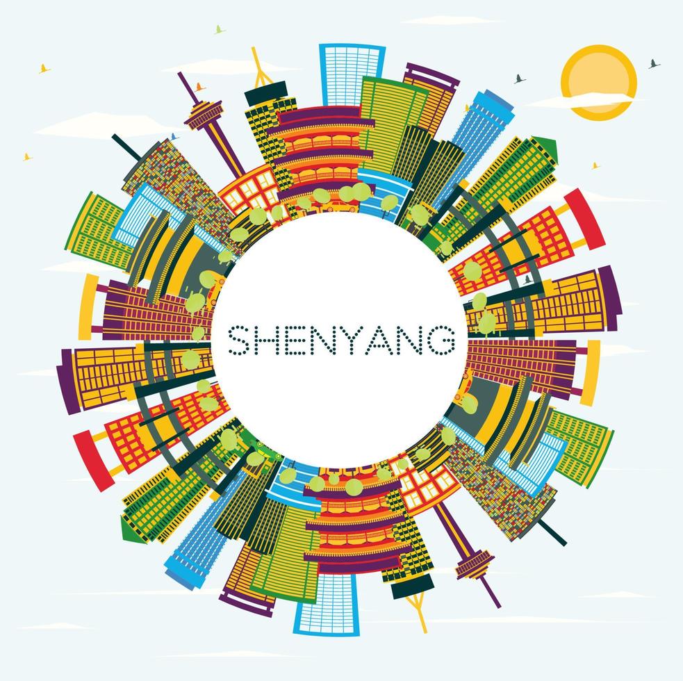 Shenyang China City Skyline with Color Buildings, Blue Sky and Copy Space. vector