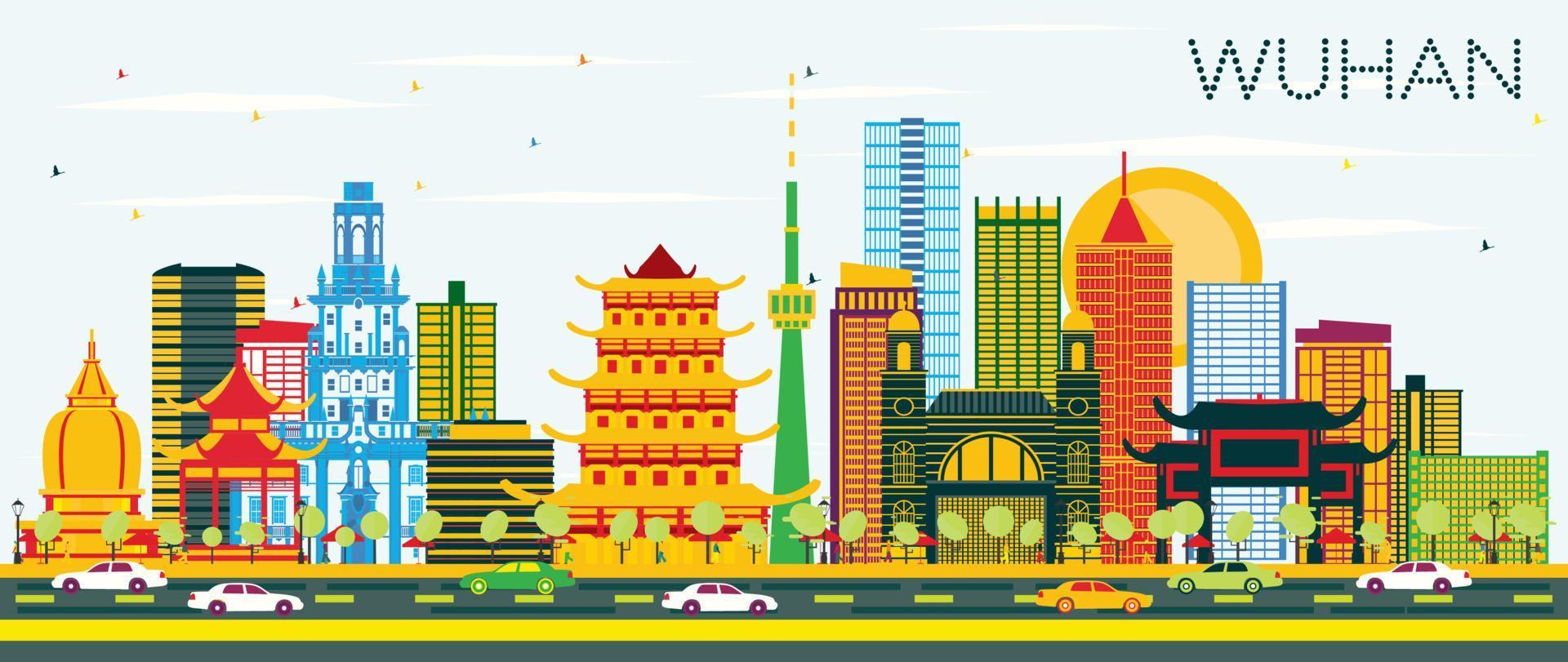 Wuhan China City Skyline with Color Buildings and Blue Sky. vector