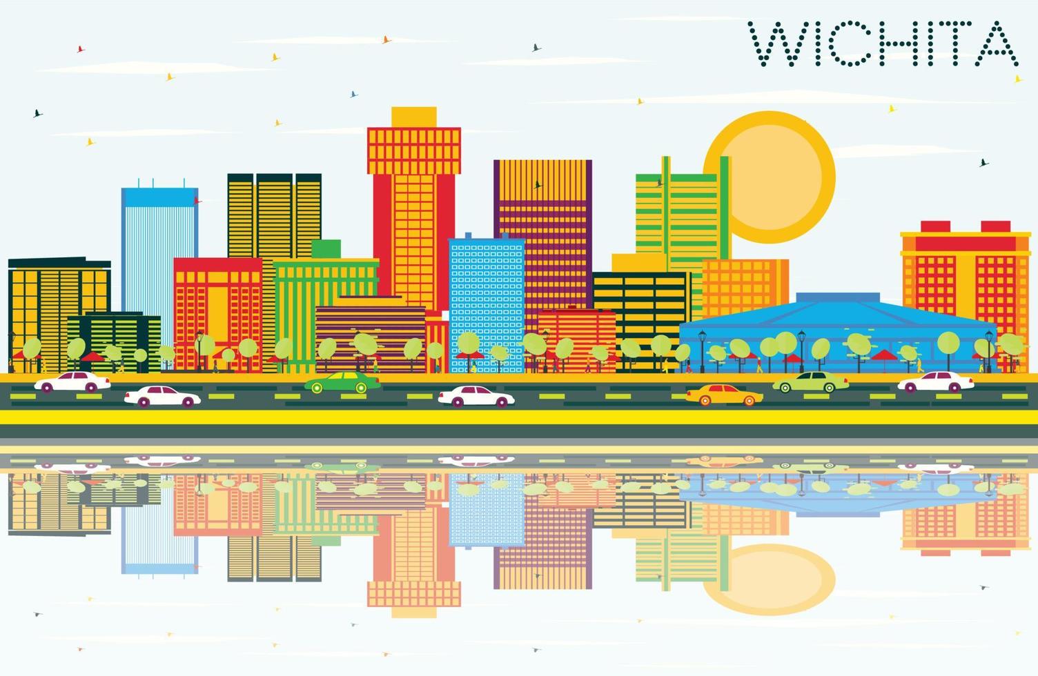 Wichita Kansas USA City Skyline with Color Buildings, Blue Sky and Reflections. vector