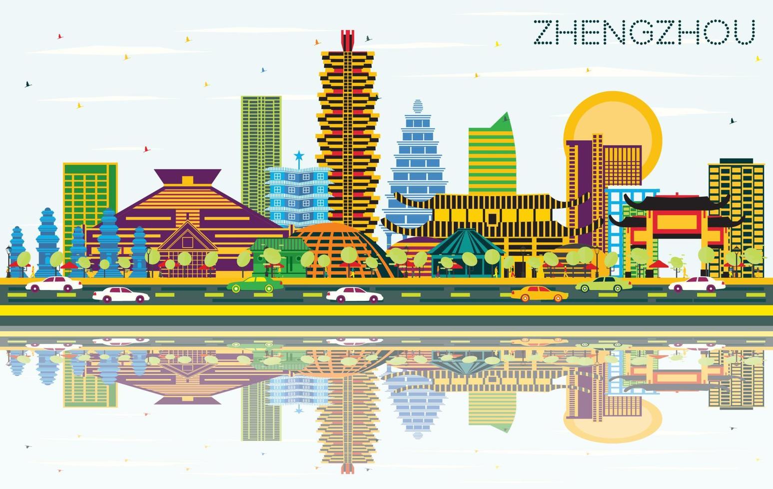 Zhengzhou China City Skyline with Color Buildings, Blue Sky and Reflections. vector