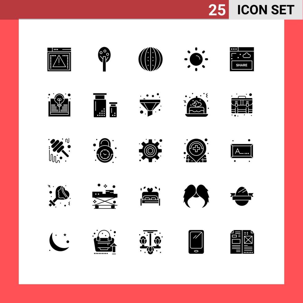 25 Universal Solid Glyph Signs Symbols of share shine food sun brightness Editable Vector Design Elements