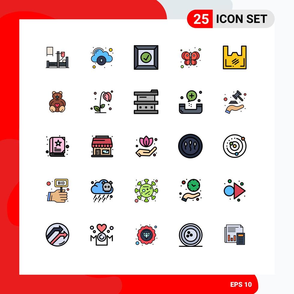 25 líneas rellenas universales signos de color plano símbolos de caja de bolsa de plástico insecto mariposa elementos de diseño vectorial editables vector