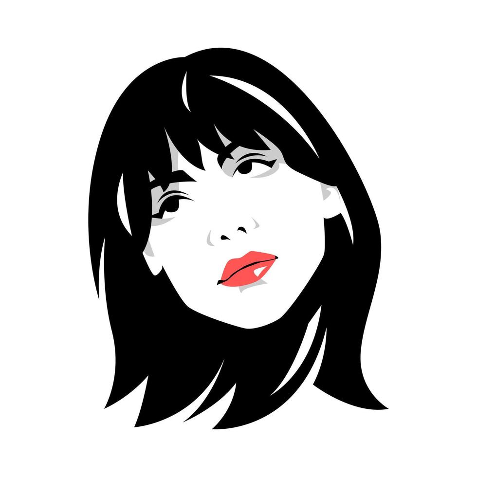 Black and white pop art portrait of a woman's face with short hair. red lipstick. monochrome. isolated white background. vector illustration.