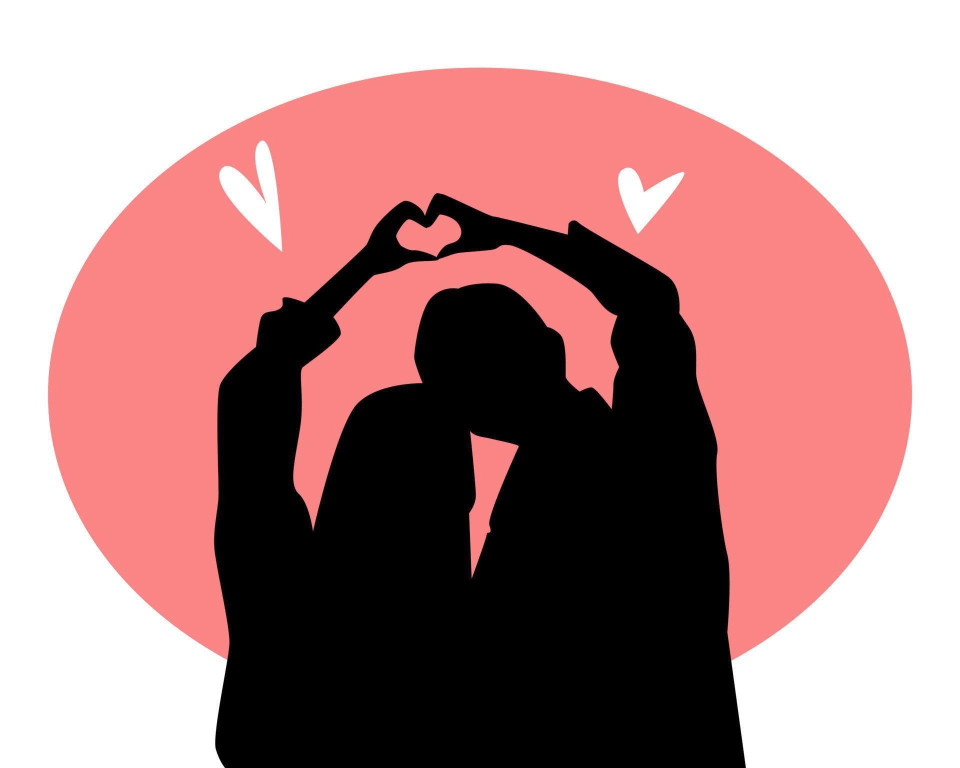 couple silhouette. lover boy and girl. love hand gesture. orange sunset