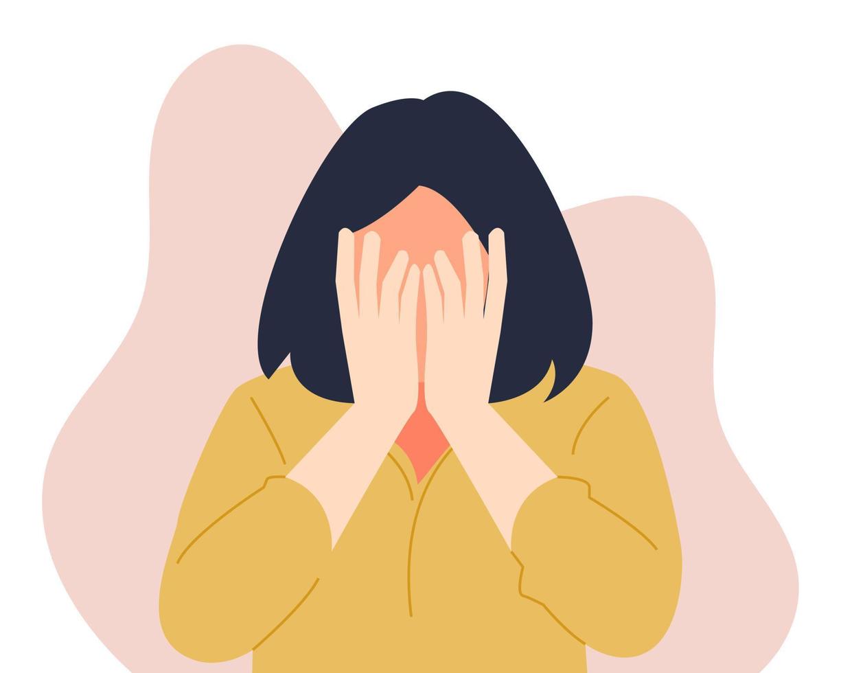 Short Hair Woman Covering Her Face With Both Hands Shy Expression Half Body Vector Flat
