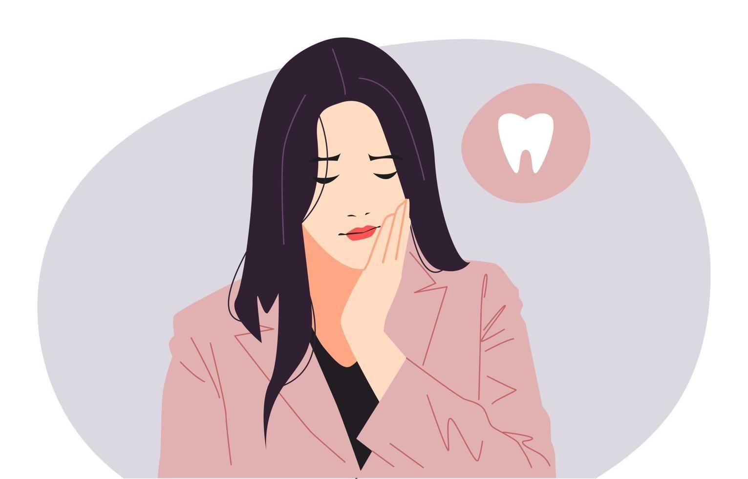 hermosa joven tiene dolor de muelas. sosteniendo su mejilla. expresión triste. medio cuerpo. icono de diente. concepto de salud, cuidado dental, enfermedad. ilustración de color plano vectorial. vector