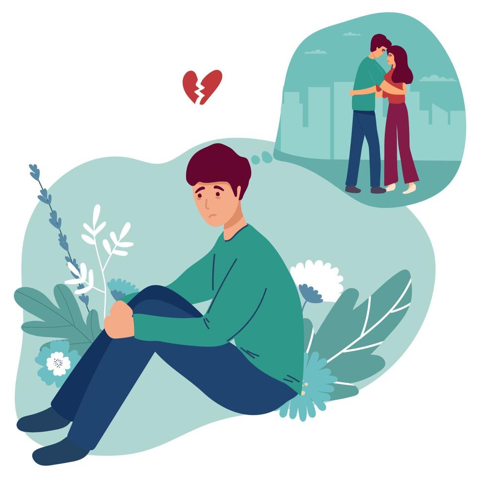 el hombre recuerda las relaciones y el amor con una mujer, la separación que anhela el amor. ilustración vectorial plana. concepto de relación y atención médica para banner, diseño de sitio web o página web de inicio vector