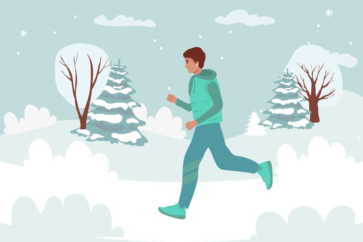 corriendo un hombre afroamericano deportivo con una chaqueta, ropa de abrigo corre contra el fondo del paisaje invernal. la joven va a los deportes. ilustraciones de diseño vectorial de estilo dibujado a mano. corriendo en invierno. vector