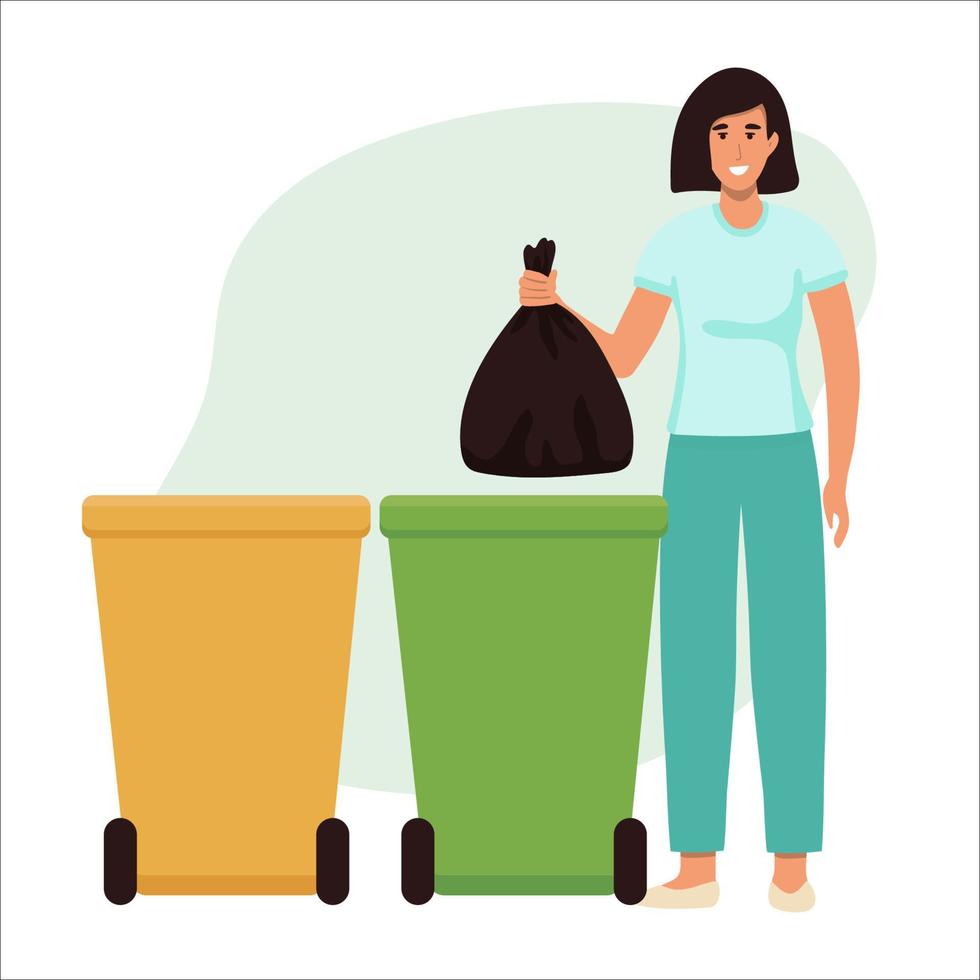 mujer feliz tira basura en un basurero verde con símbolo de reciclaje. ilustración vectorial aislada del fondo vector