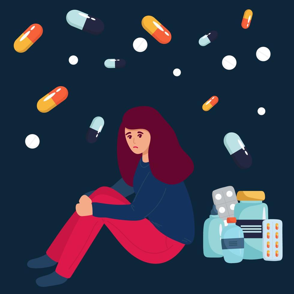 chica adicta a las drogas sentada en una enorme ilustración de vector plano de píldora. mujer con depresión, tomando pastillas hormonales. depresión, concepto de antidepresivos