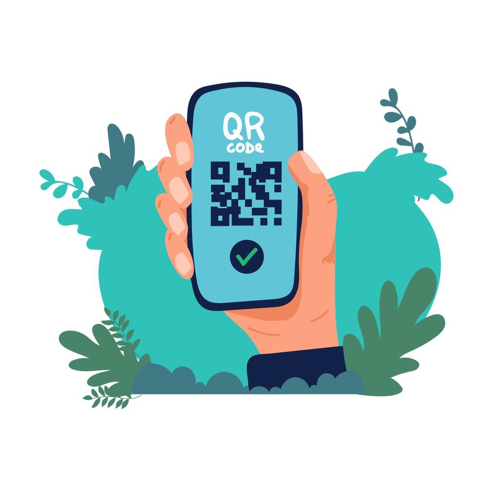 icono de escaneo de código qr de página en el teléfono inteligente. mano que sostiene el teléfono móvil en línea, escáner de código de barras para pagar, web, aplicación móvil, promoción. ilustración vectorial vector