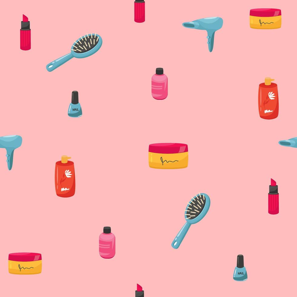 Makeup seamless pattern. Illustrations of different cosmetics. Lipstick and pomade glamour vector background